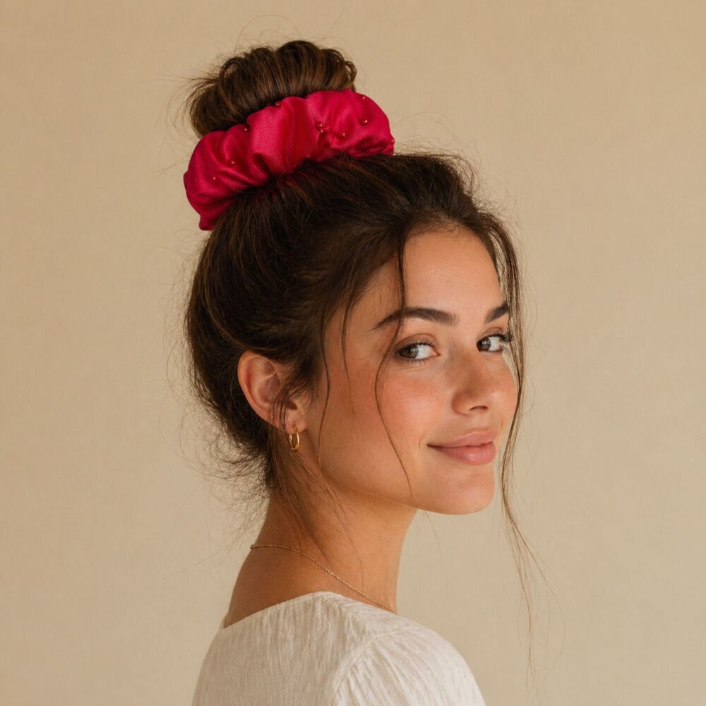 Women Handmade Hair Scrunchies Claw Clip Set 4pcs White Red Cream Satin